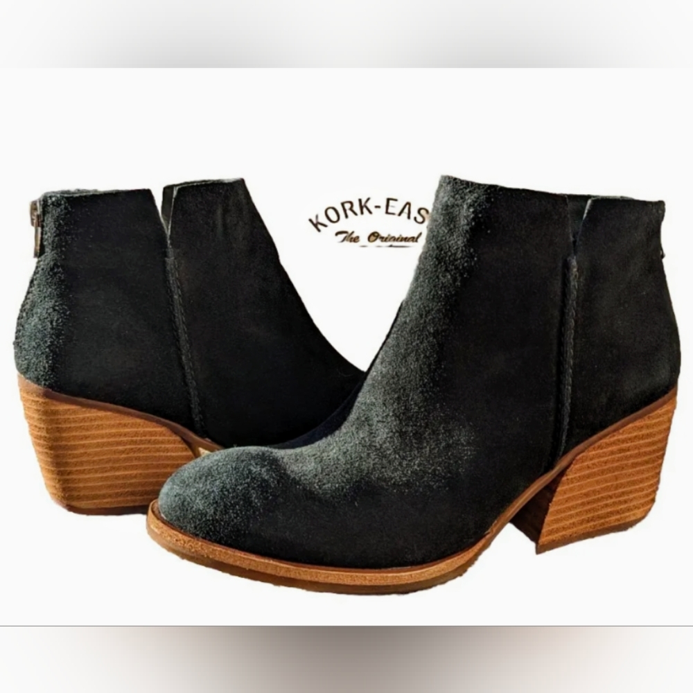 Kork-Ease Chandra Black Leather Suede Heeled Ankle Boots Booties Chunky Heel